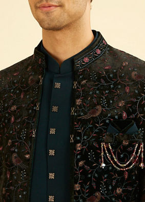 Manyavar Men Teal Green Velvet Indo Western Ensemble