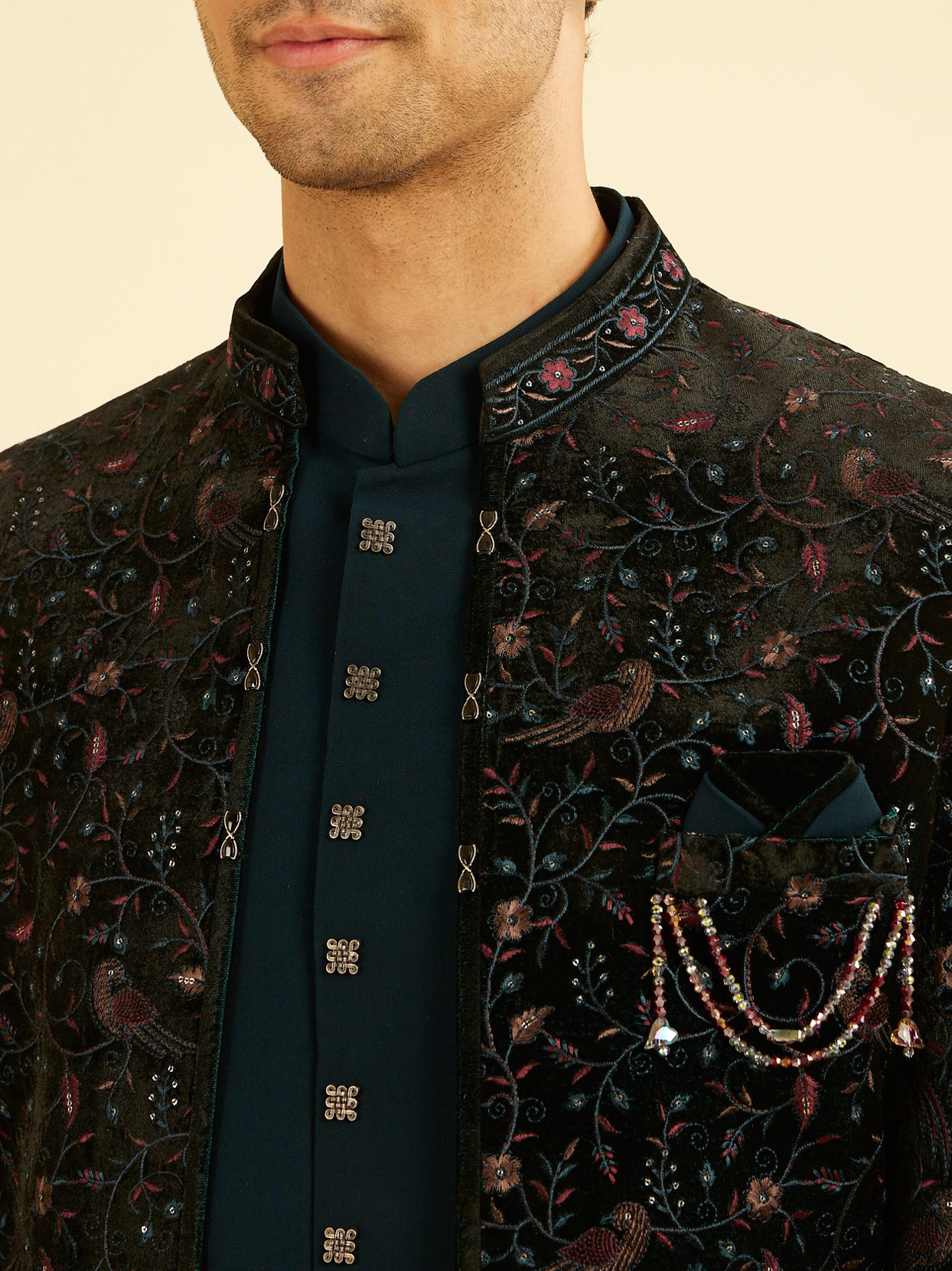 Manyavar Men Teal Green Velvet Indo Western Ensemble