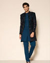Manyavar Men Teal Green Velvet Indo Western Ensemble