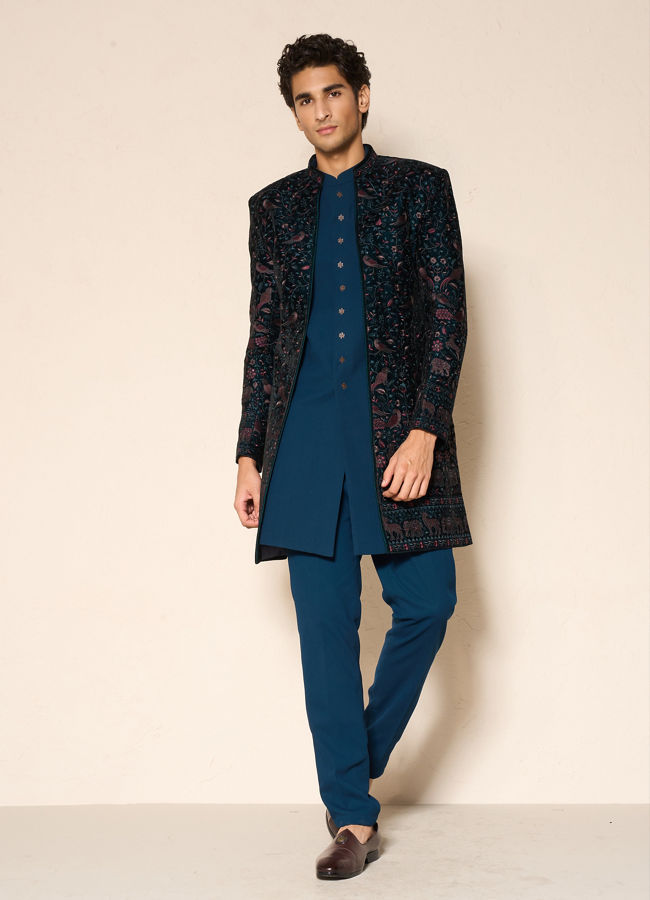 Manyavar Men Teal Green Velvet Indo Western Ensemble