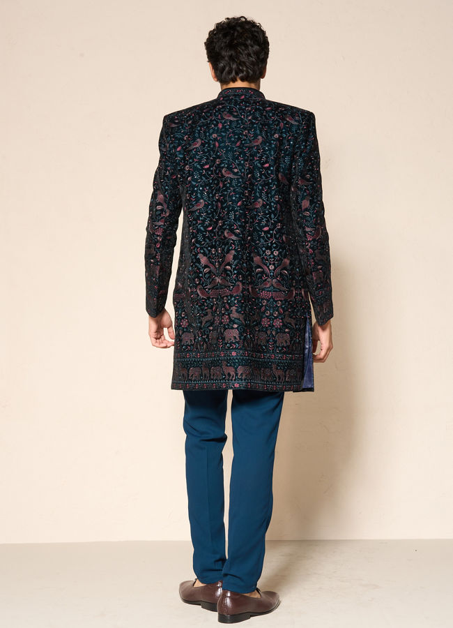 Manyavar Men Teal Green Velvet Indo Western Ensemble
