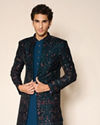 Manyavar Men Teal Green Velvet Indo Western Ensemble