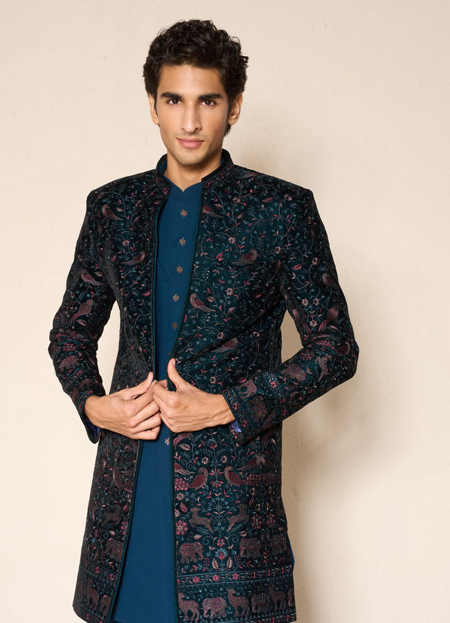 Manyavar Men Teal Green Velvet Indo Western Ensemble