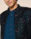 Manyavar Men Teal Green Velvet Indo Western Ensemble