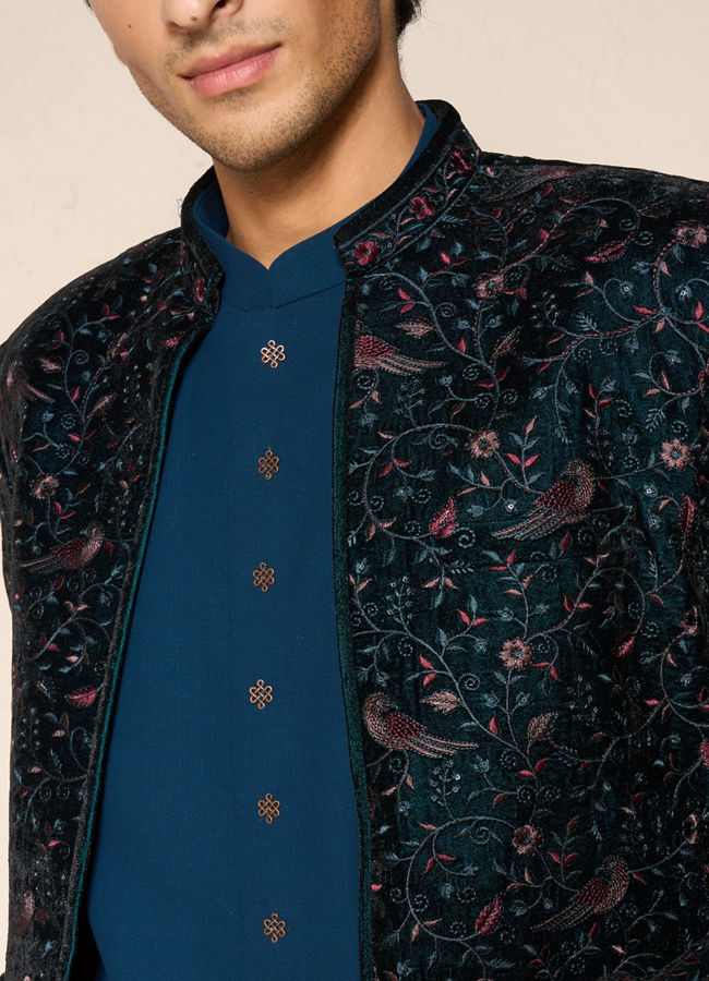 Manyavar Men Teal Green Velvet Indo Western Ensemble