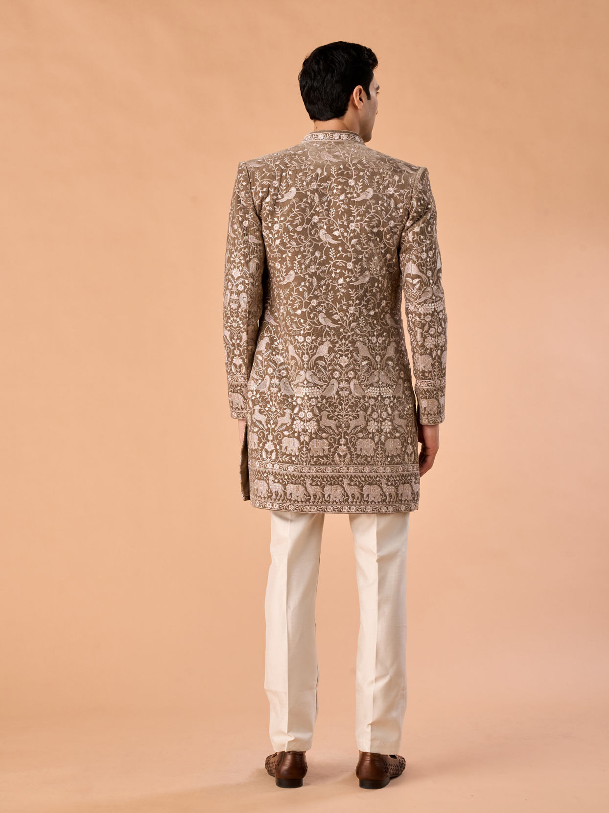 Manyavar Men Walnut Velvet Elegance Indo Western