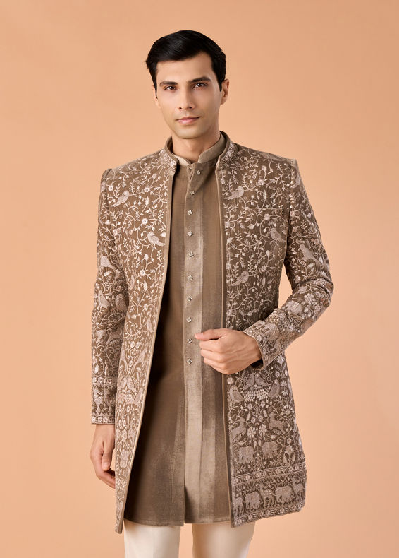 Manyavar Men Walnut Velvet Elegance Indo Western