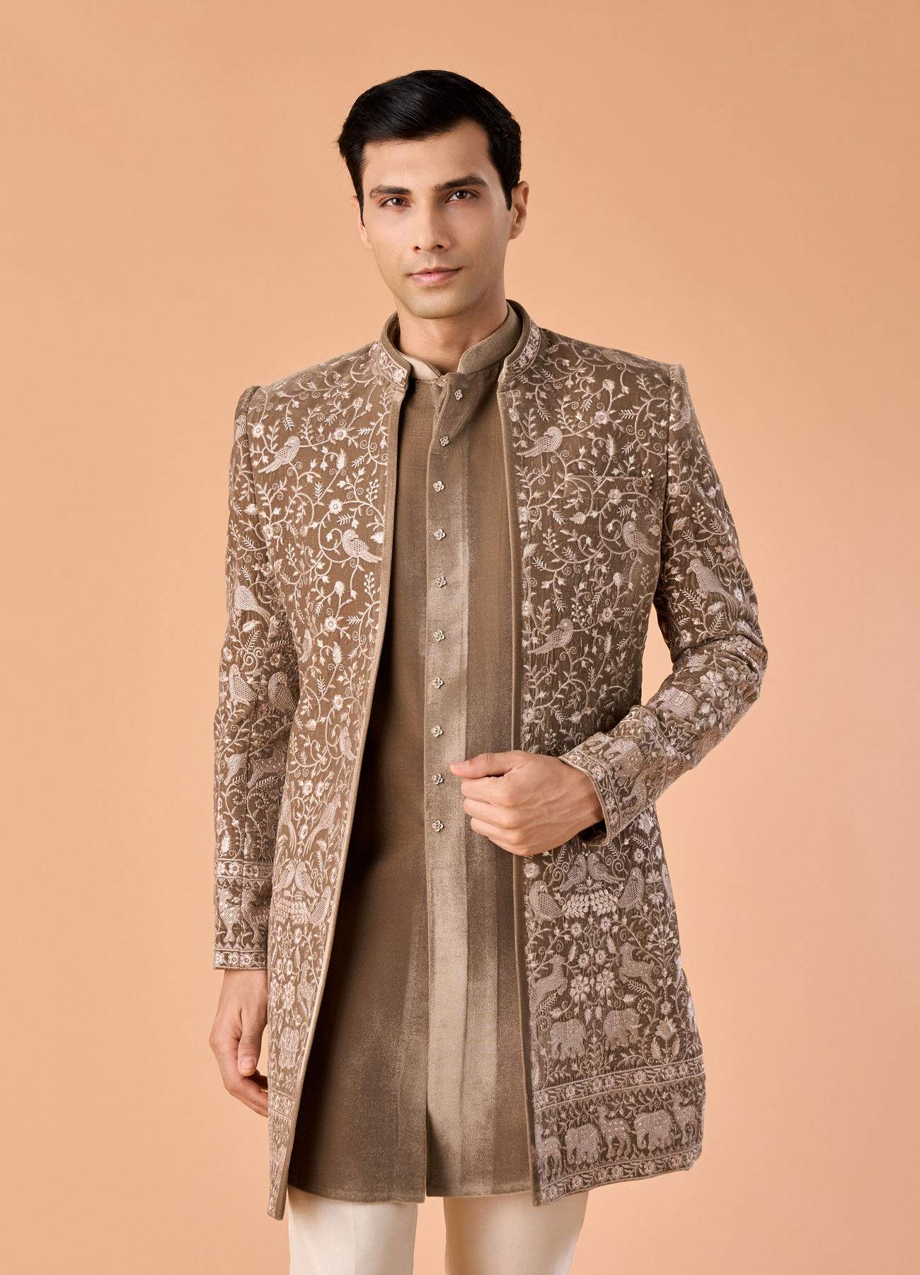 Manyavar Men Walnut Velvet Elegance Indo Western