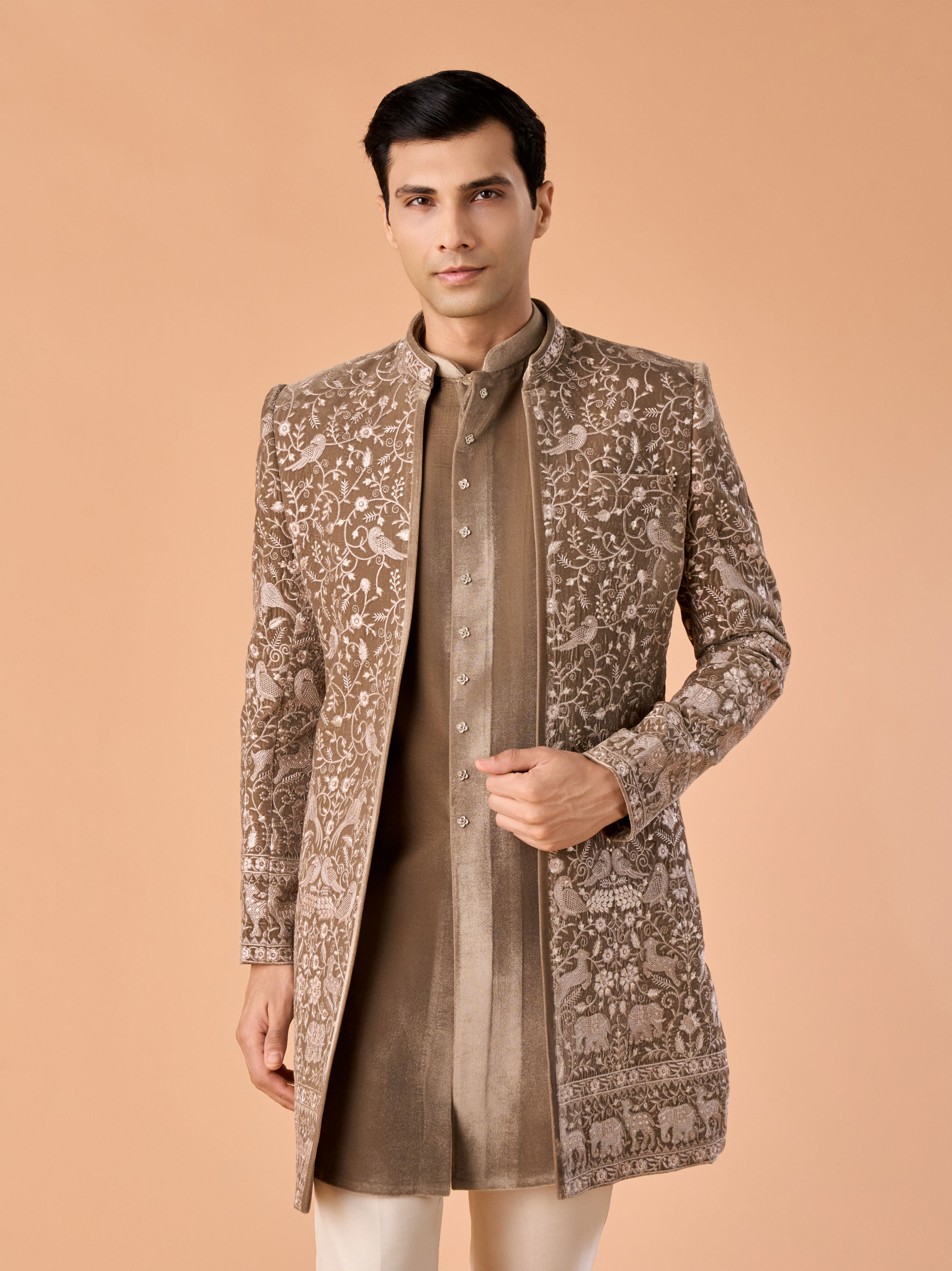 Manyavar Men Walnut Velvet Elegance Indo Western