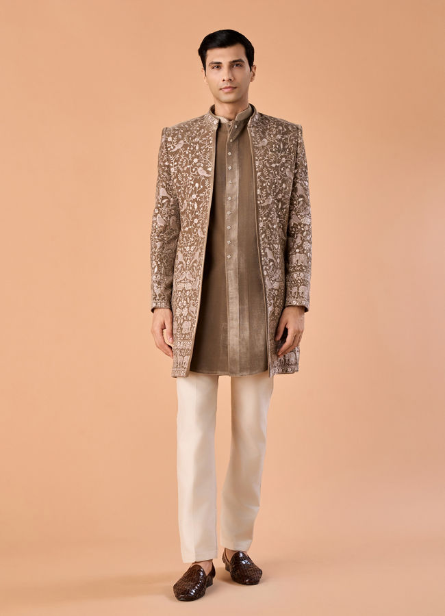 Manyavar Men Walnut Velvet Elegance Indo Western