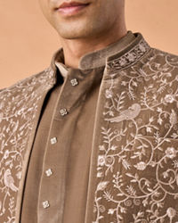 Manyavar Men Walnut Velvet Elegance Indo Western