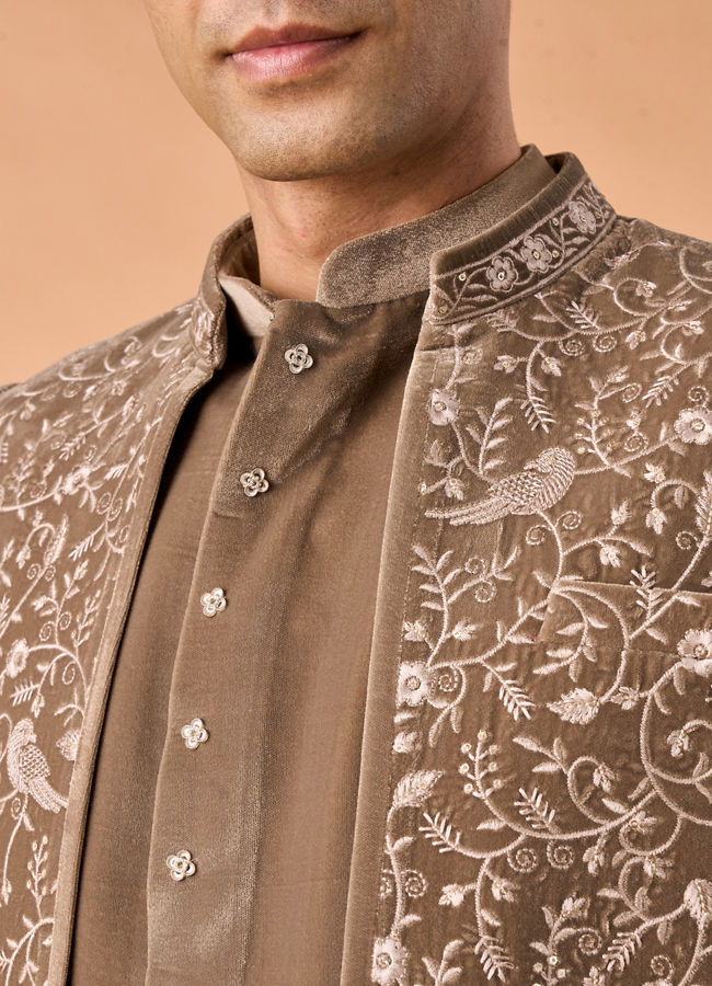 Manyavar Men Walnut Velvet Elegance Indo Western
