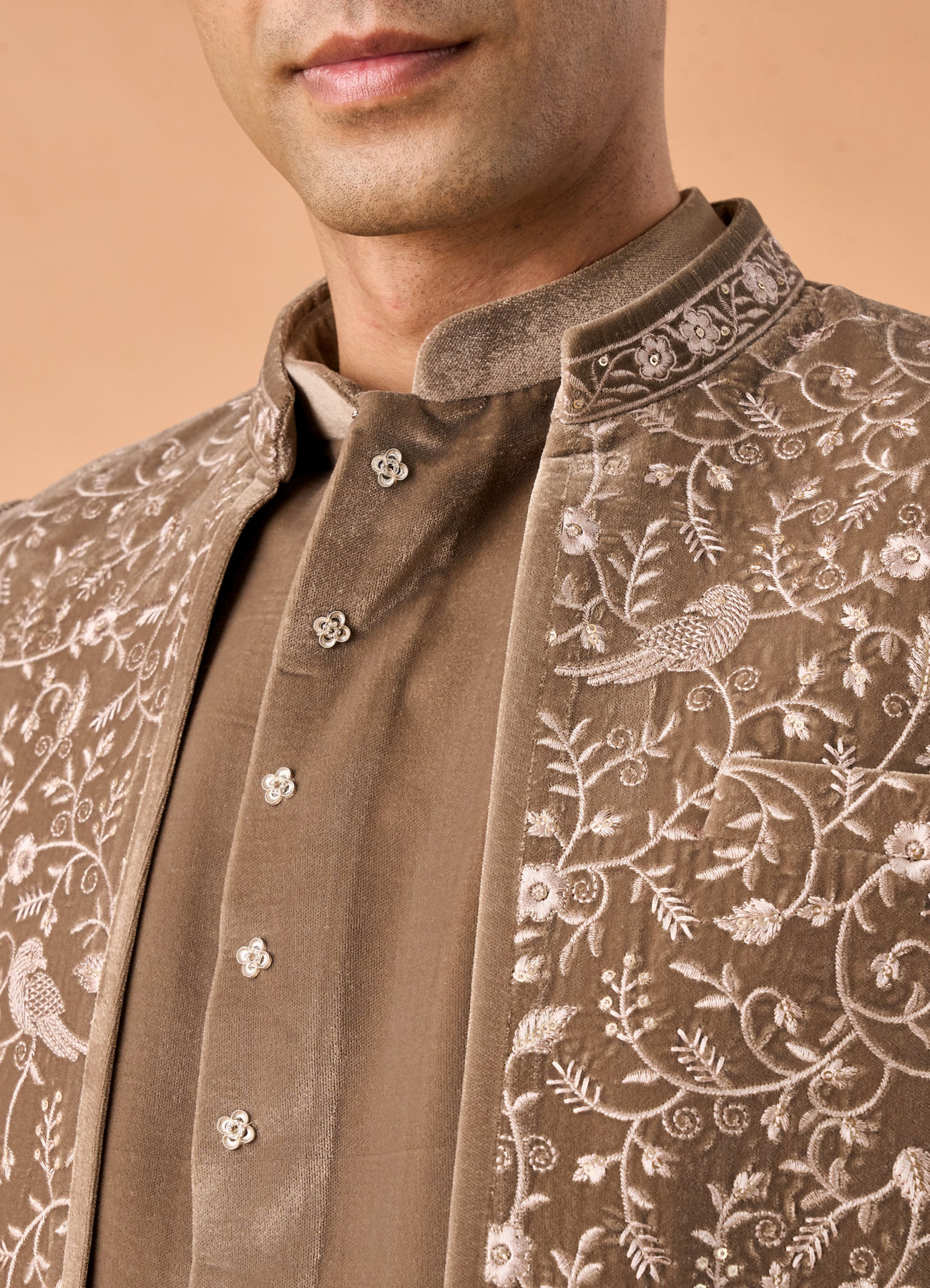Manyavar Men Walnut Velvet Elegance Indo Western