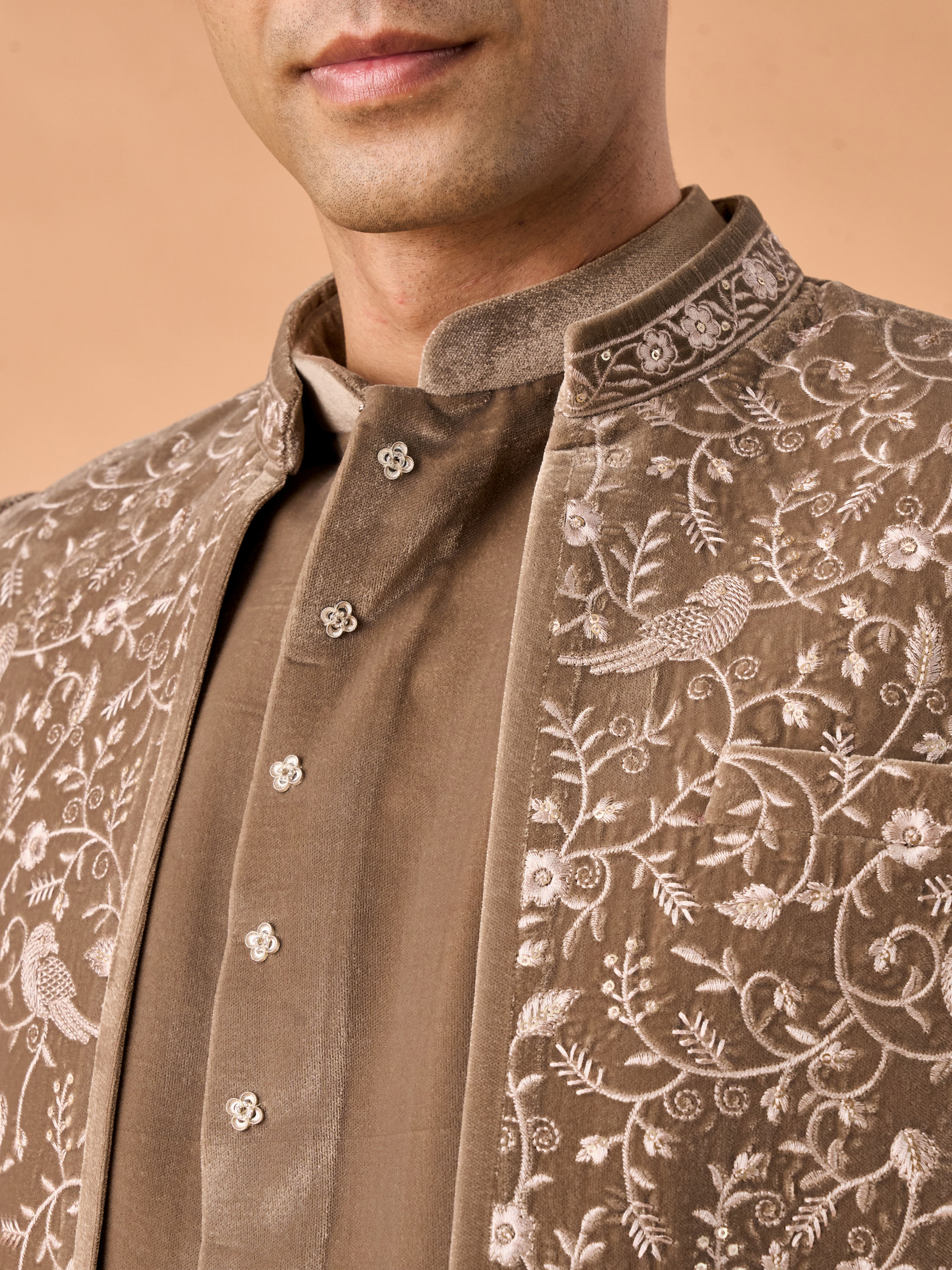 Manyavar Men Walnut Velvet Elegance Indo Western