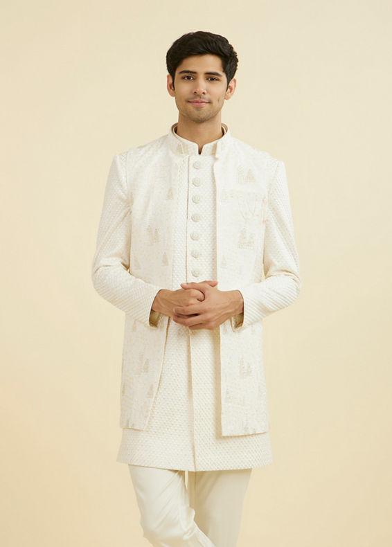 Manyavar Men Cream Georgette Elegance Indo Western