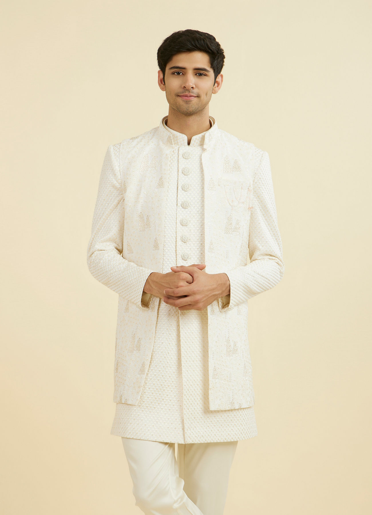 Manyavar Men Cream Georgette Elegance Indo Western