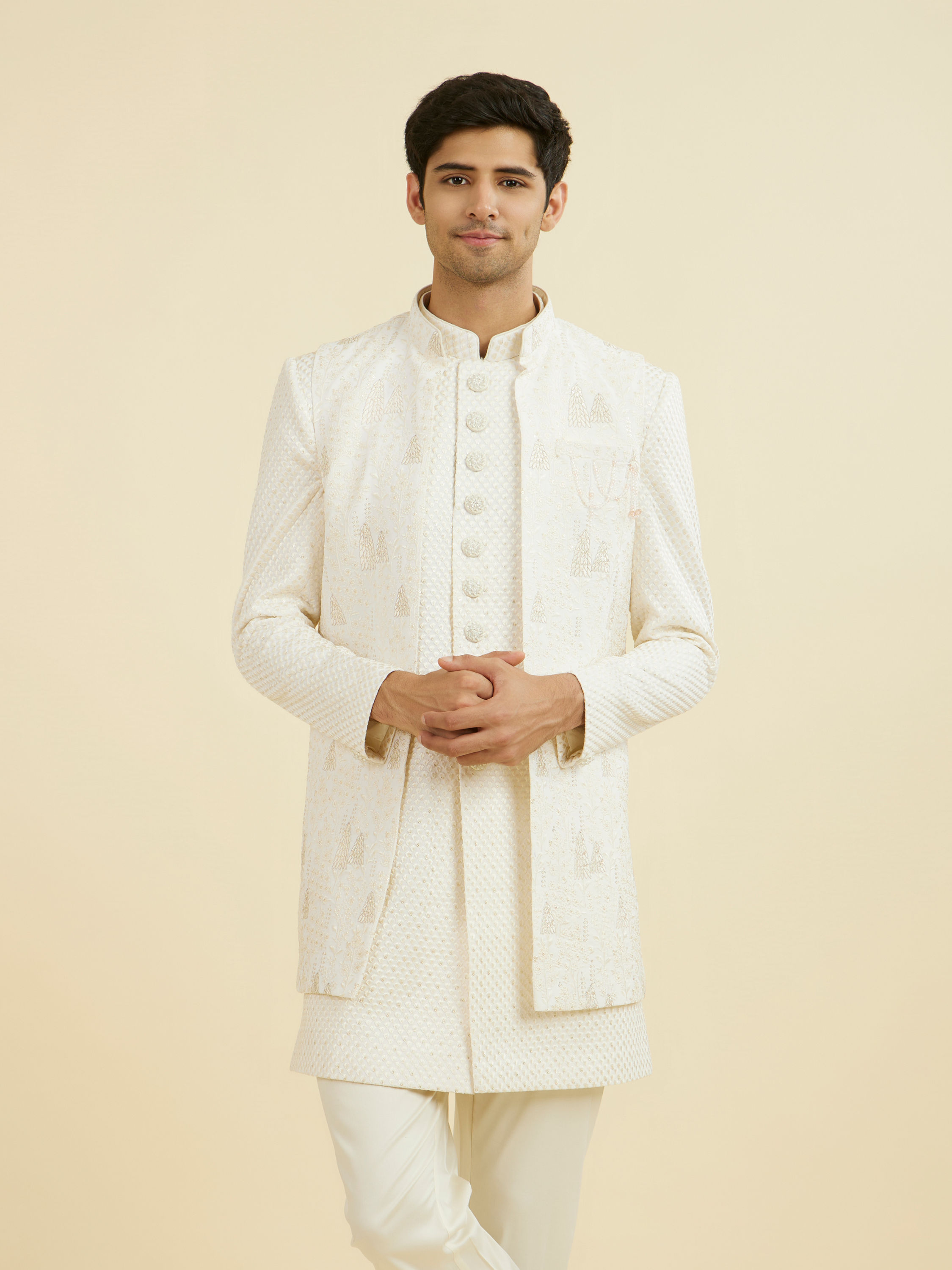 Manyavar Men Cream Georgette Elegance Indo Western
