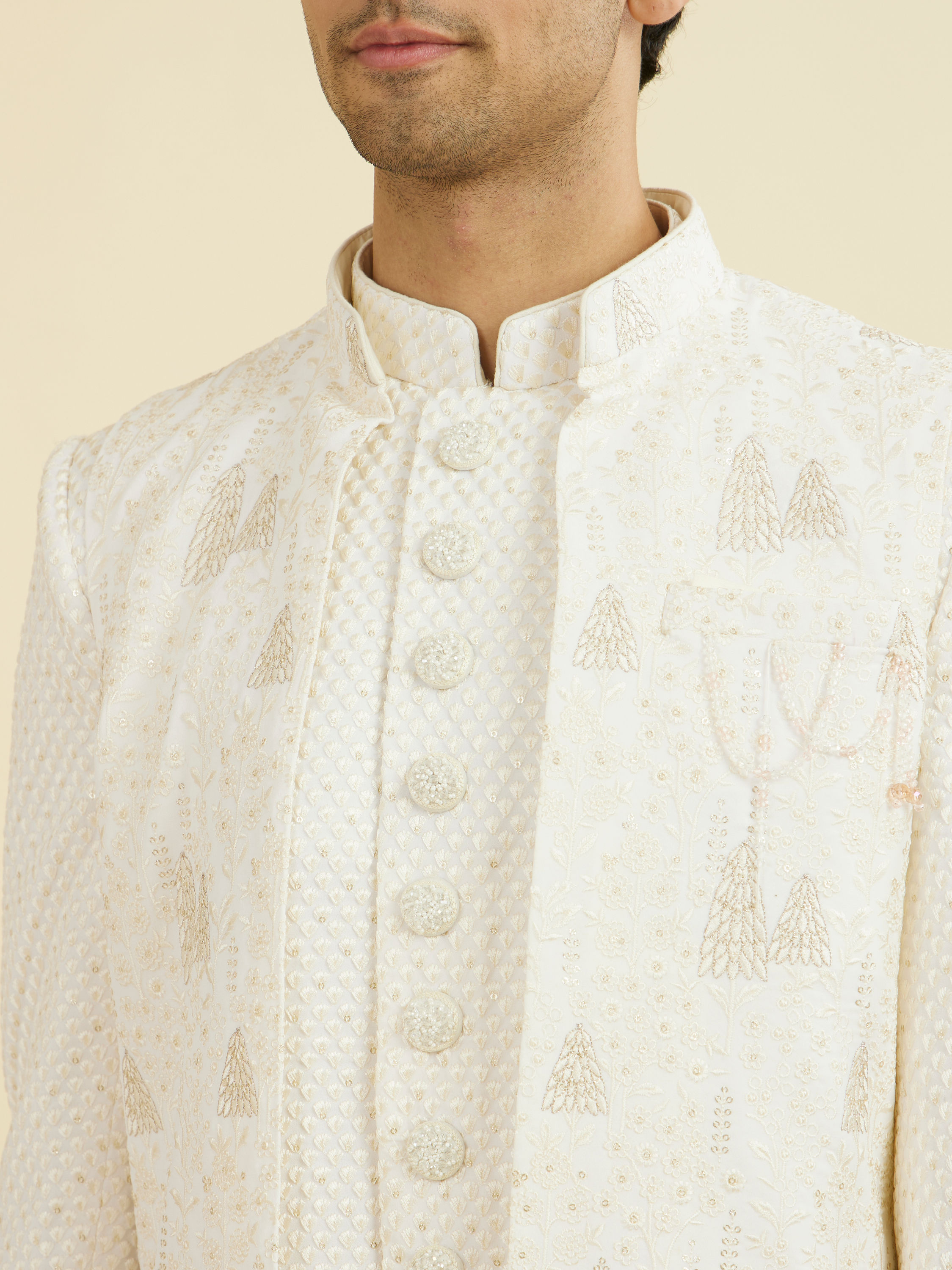 Manyavar Men Cream Georgette Elegance Indo Western