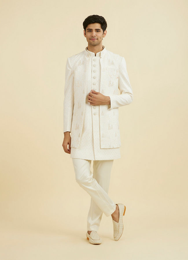 Manyavar Men Cream Georgette Elegance Indo Western