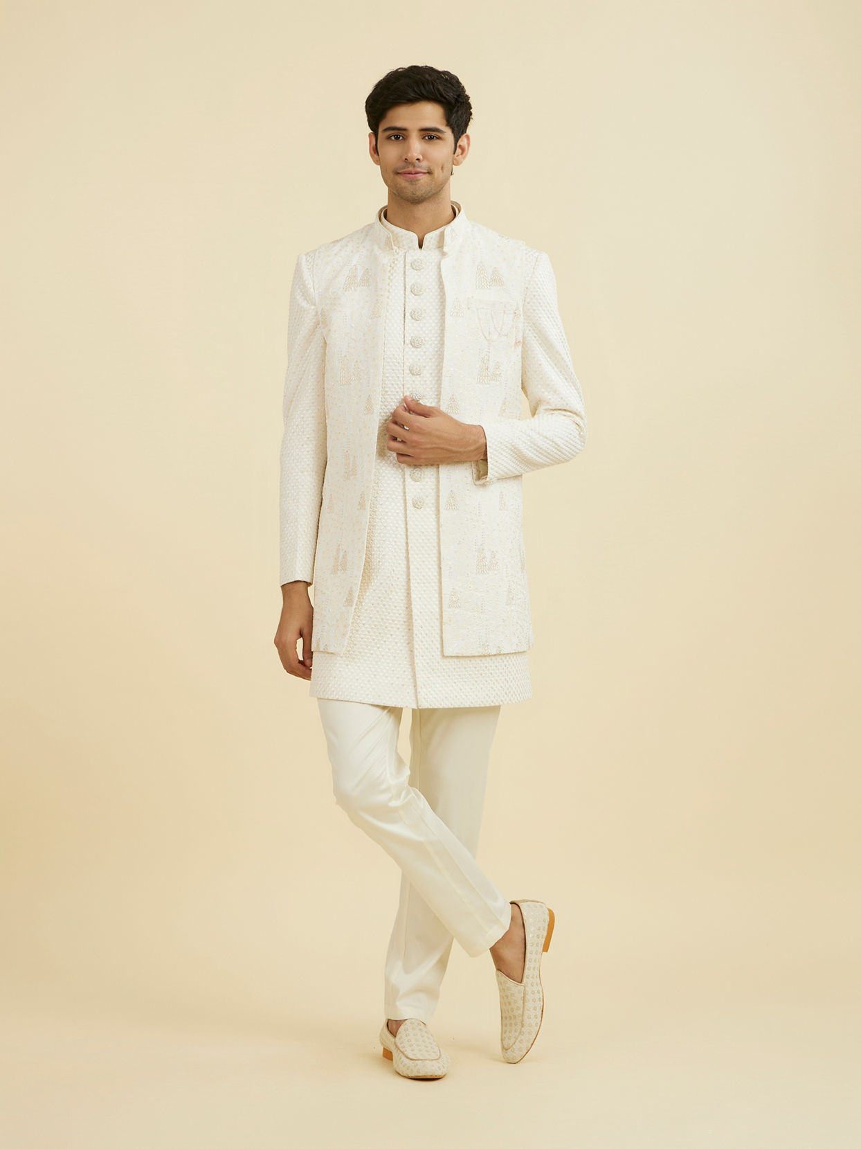Manyavar Men Cream Georgette Elegance Indo Western