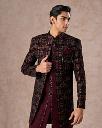 Manyavar Men Velvety Wine Indo Western Elegance