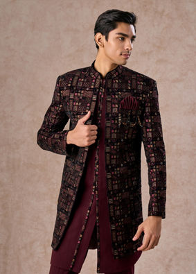 Manyavar Men Velvety Wine Indo Western Elegance