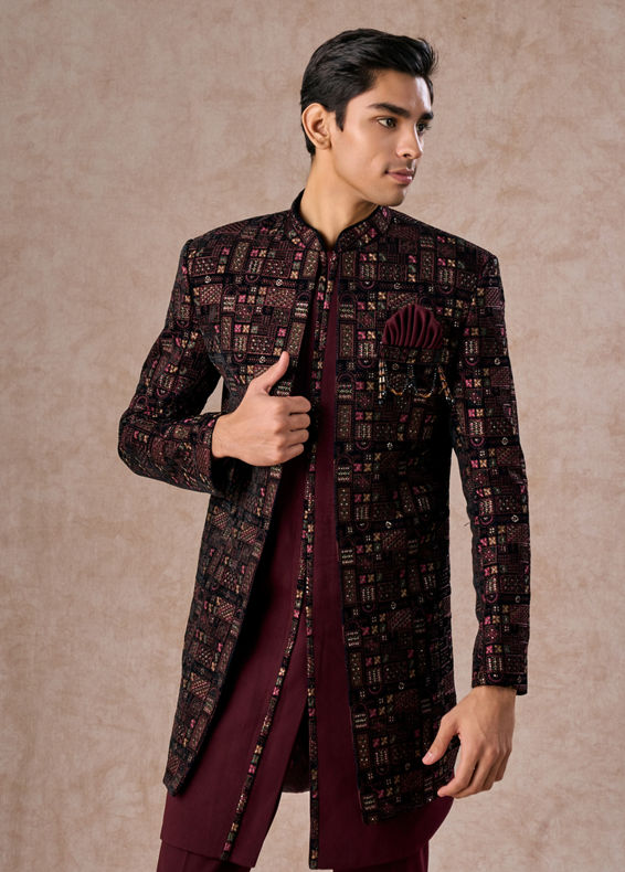 Manyavar Men Velvety Wine Indo Western Elegance