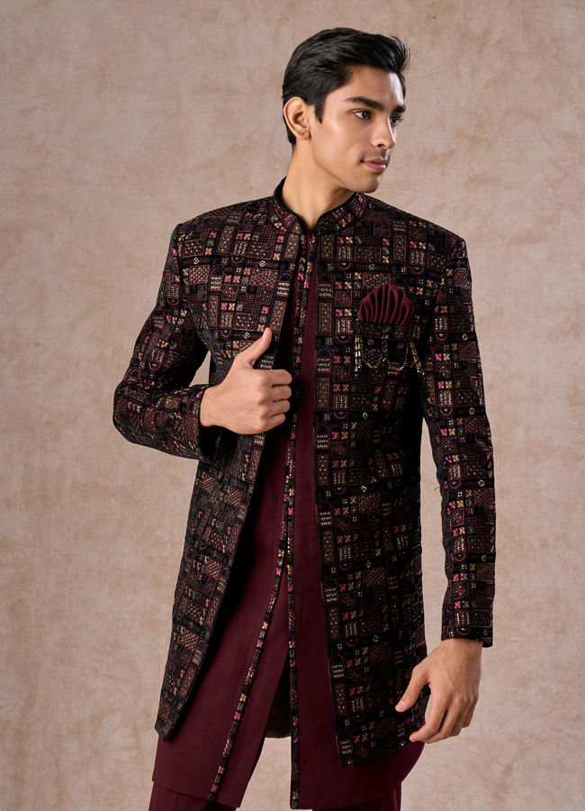 Manyavar Men Velvety Wine Indo Western Elegance