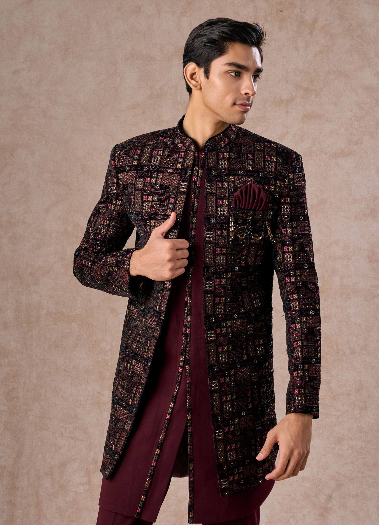 Manyavar Men Velvety Wine Indo Western Elegance