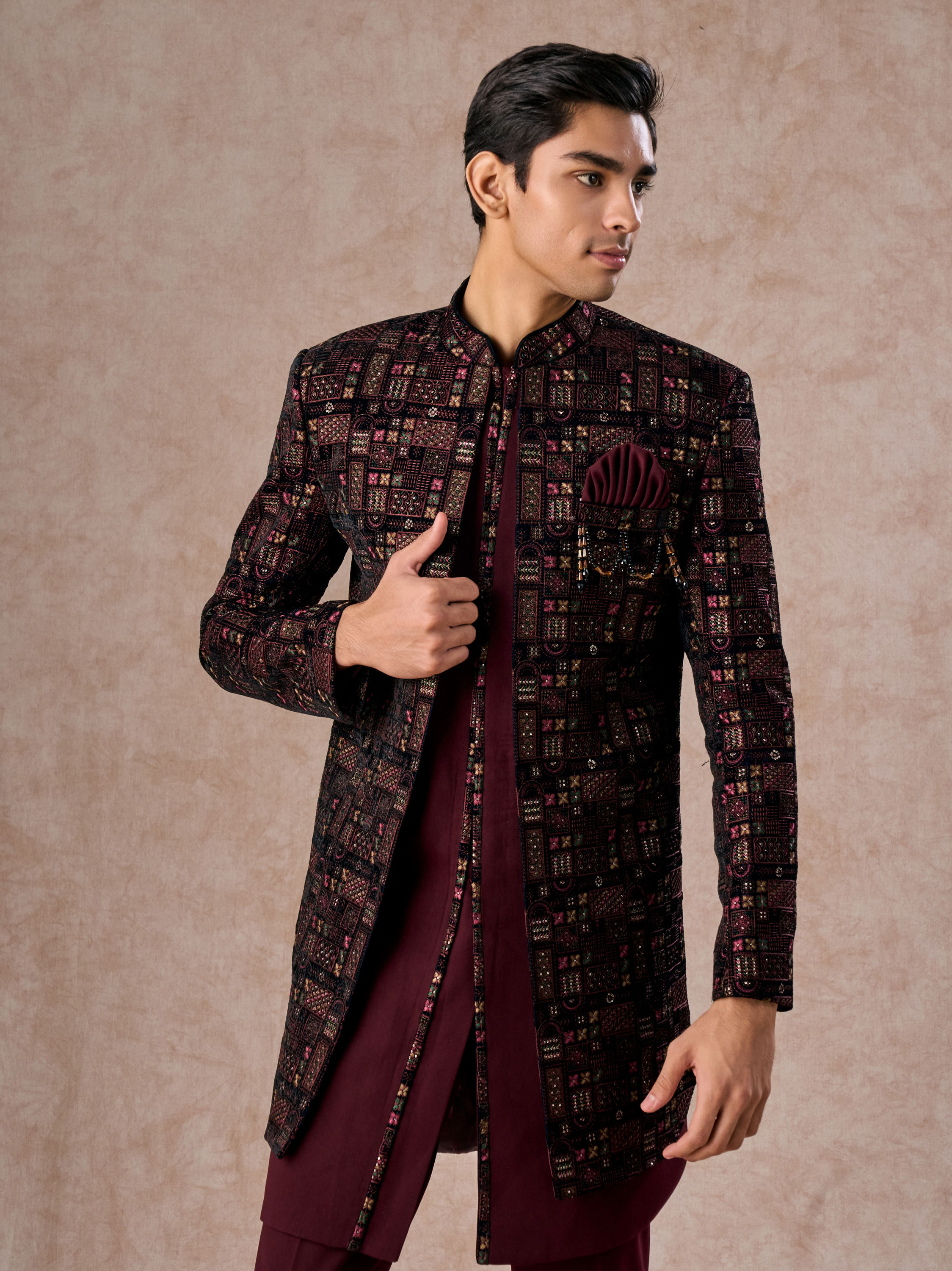 Manyavar Men Velvety Wine Indo Western Elegance