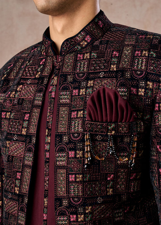 Manyavar Men Velvety Wine Indo Western Elegance