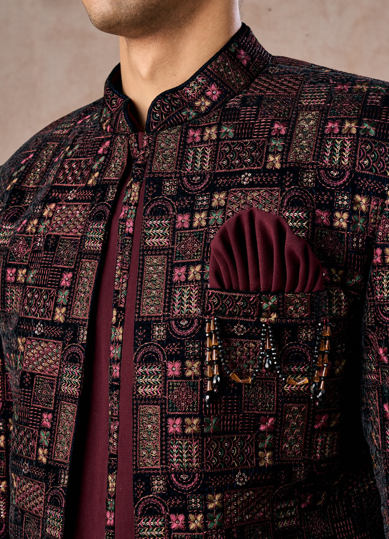 Manyavar Men Velvety Wine Indo Western Elegance