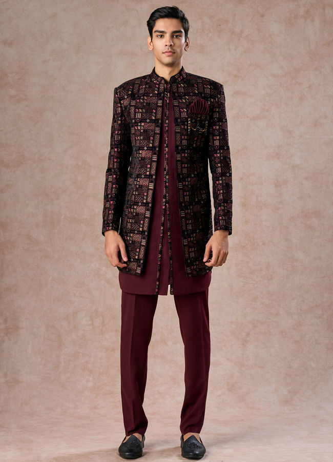 Manyavar Men Velvety Wine Indo Western Elegance
