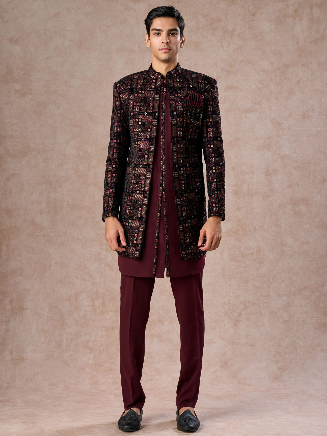 Manyavar Men Velvety Wine Indo Western Elegance
