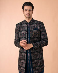 Manyavar Men Elegant Teal Blue Velvet Indo Western
