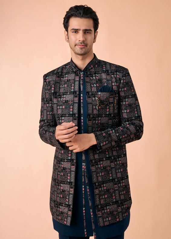 Manyavar Men Elegant Teal Blue Velvet Indo Western