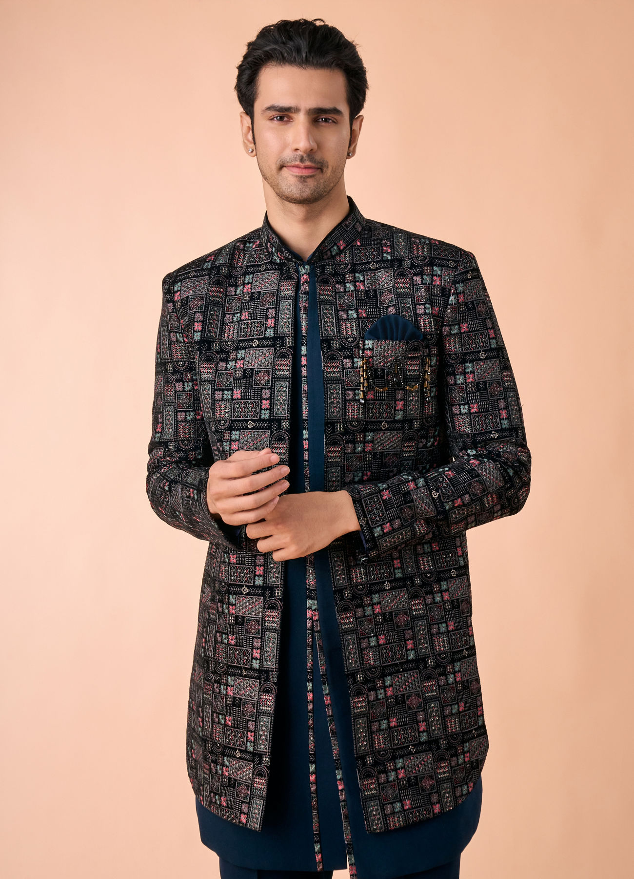 Manyavar Men Elegant Teal Blue Velvet Indo Western