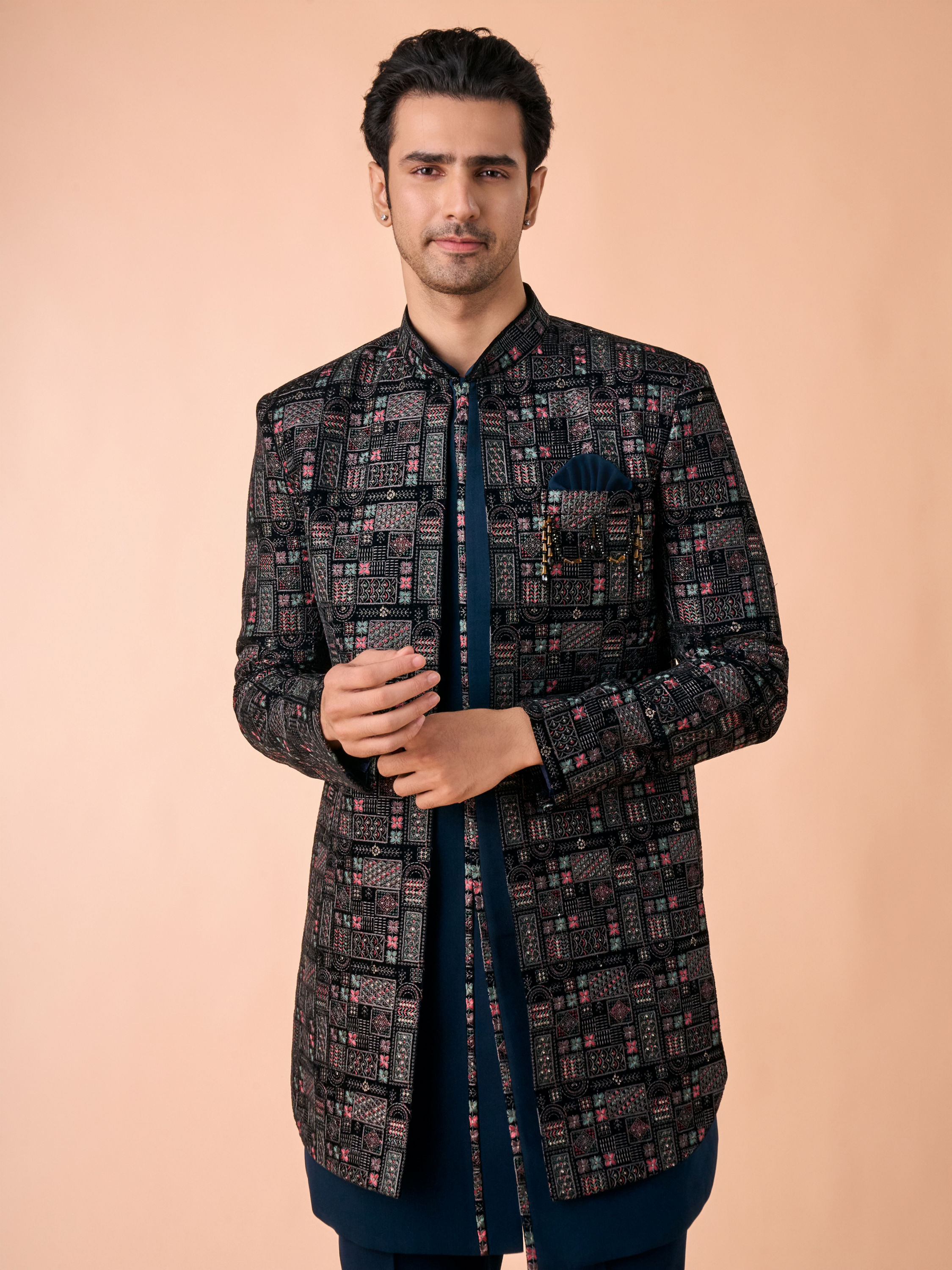 Manyavar Men Elegant Teal Blue Velvet Indo Western