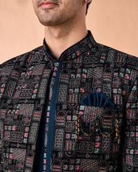 Manyavar Men Elegant Teal Blue Velvet Indo Western