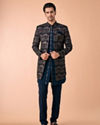 Manyavar Men Elegant Teal Blue Velvet Indo Western
