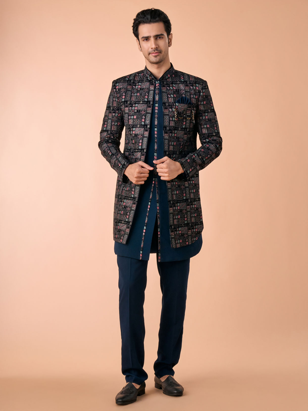 Manyavar Men Elegant Teal Blue Velvet Indo Western