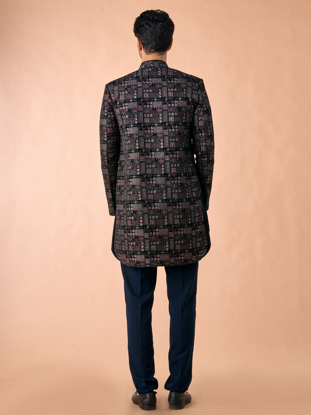 Manyavar Men Elegant Teal Blue Velvet Indo Western