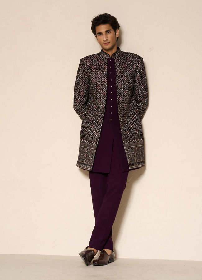 Manyavar Men Exquisite Purple Velvet Indo Western