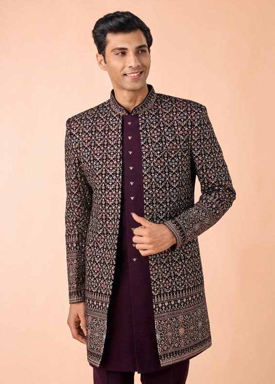 Manyavar Men Exquisite Purple Velvet Indo Western
