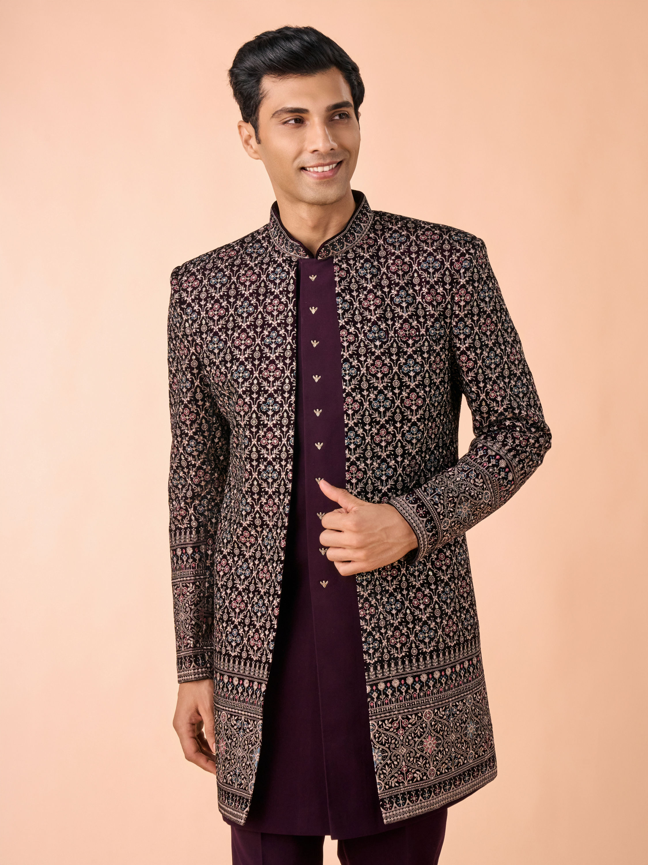 Manyavar Men Exquisite Purple Velvet Indo Western