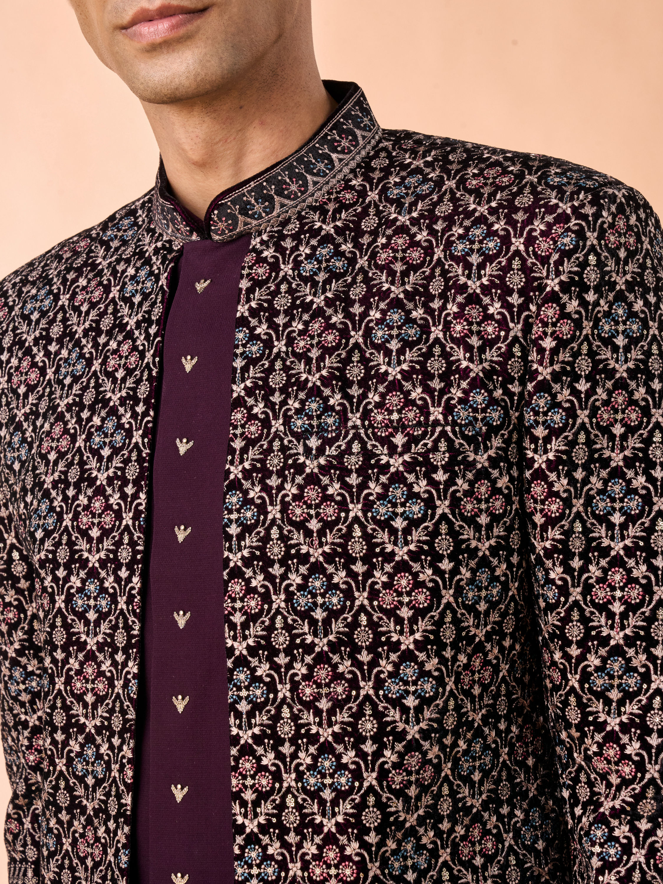 Manyavar Men Exquisite Purple Velvet Indo Western