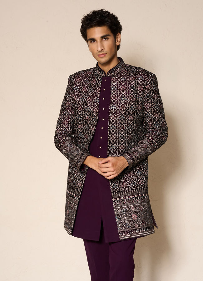 Manyavar Men Exquisite Purple Velvet Indo Western