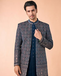 Manyavar Men Teal Blue Velvet Indo Western
