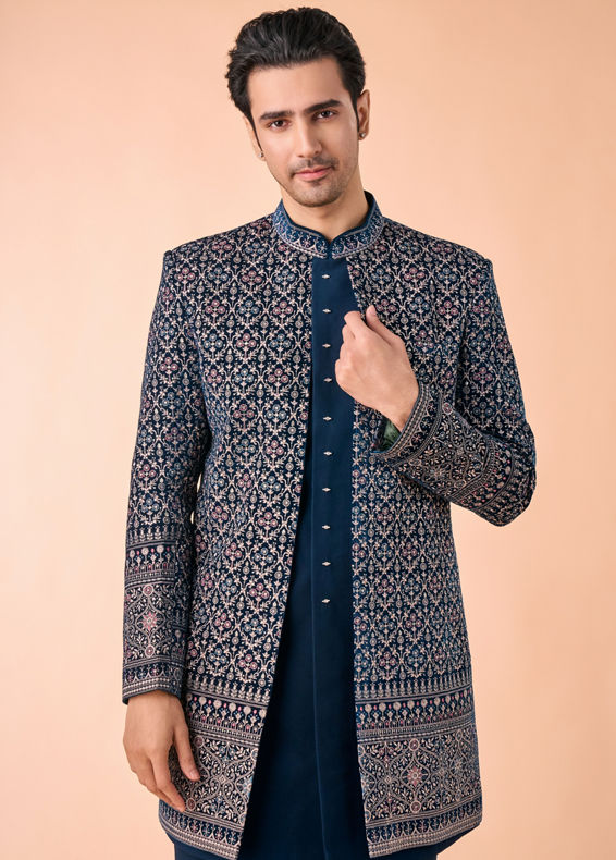 Manyavar Men Teal Blue Velvet Indo Western