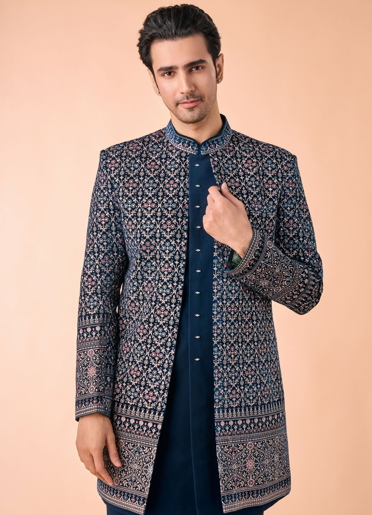 Manyavar Men Teal Blue Velvet Indo Western